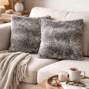 RESTORATION HARDWARE Luxe Gray Faux Fur Throw Pillow Covers Pair 22 x 22 inches